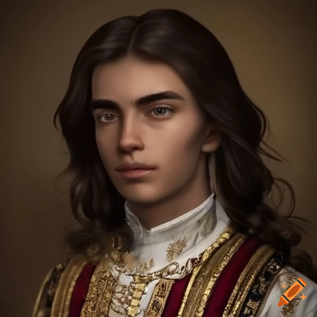 Young man with long wavy dark hair and royal clothing on Craiyon
