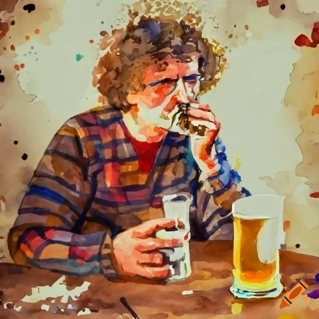 Man sitting at a table with a straw cigarette and opening a beer bottle with a lighter