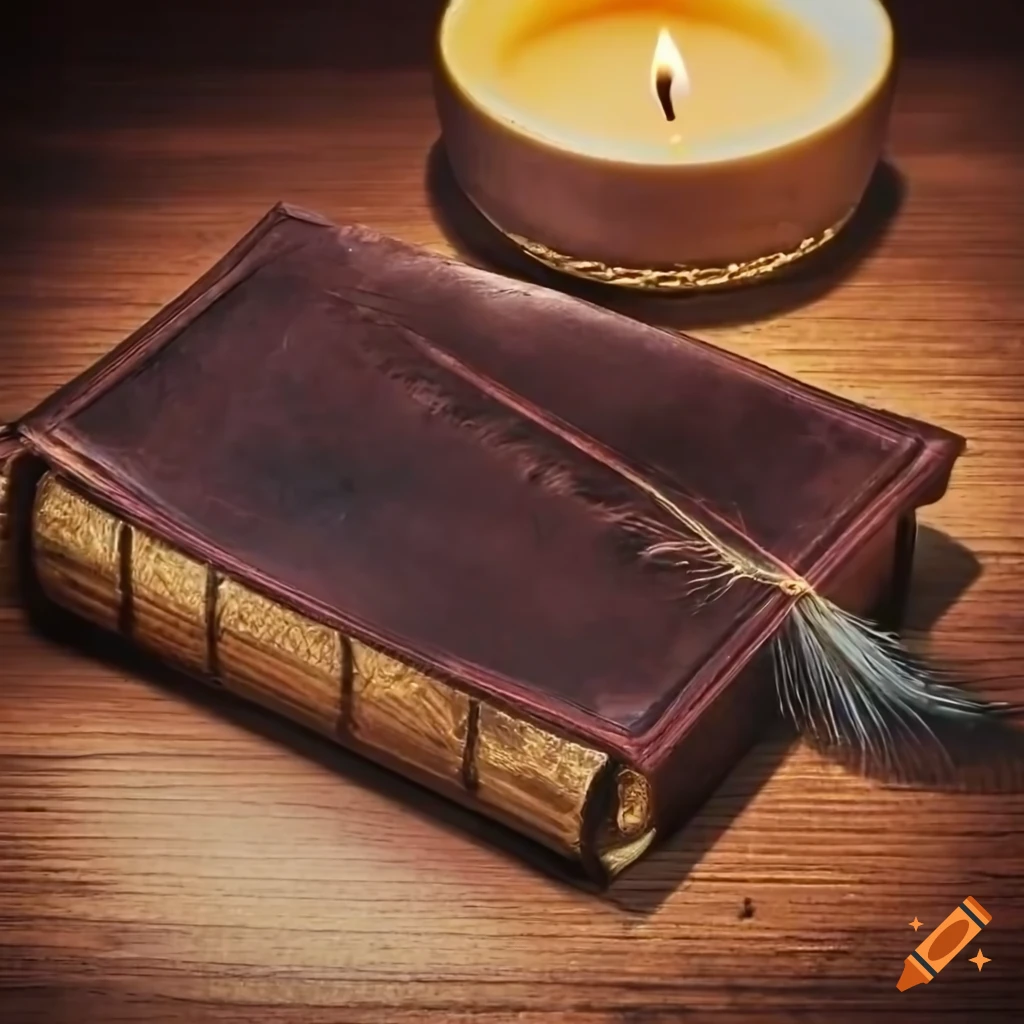 Open ancient leather-bound tome on old wooden desk with candlelight on