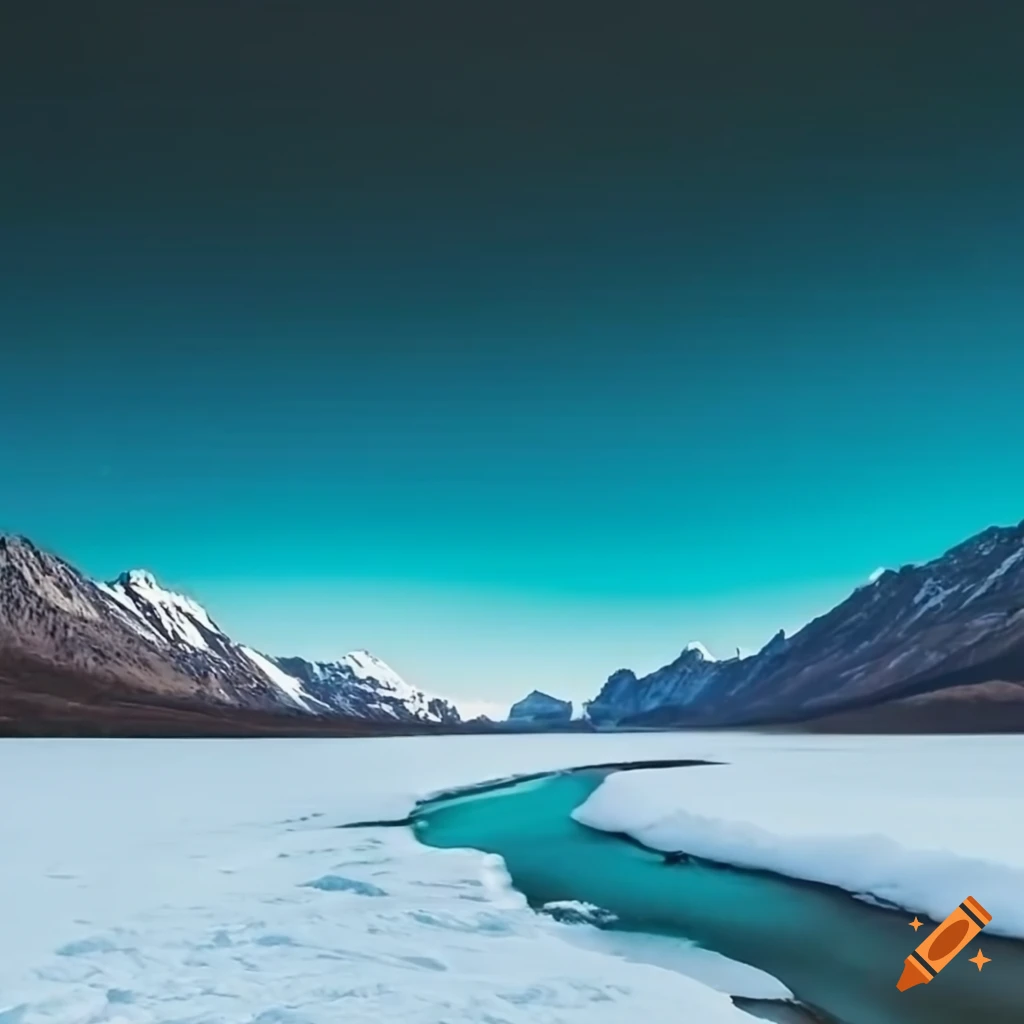 Snowcapped mountains, frozen rivers, and green meadows under open sky