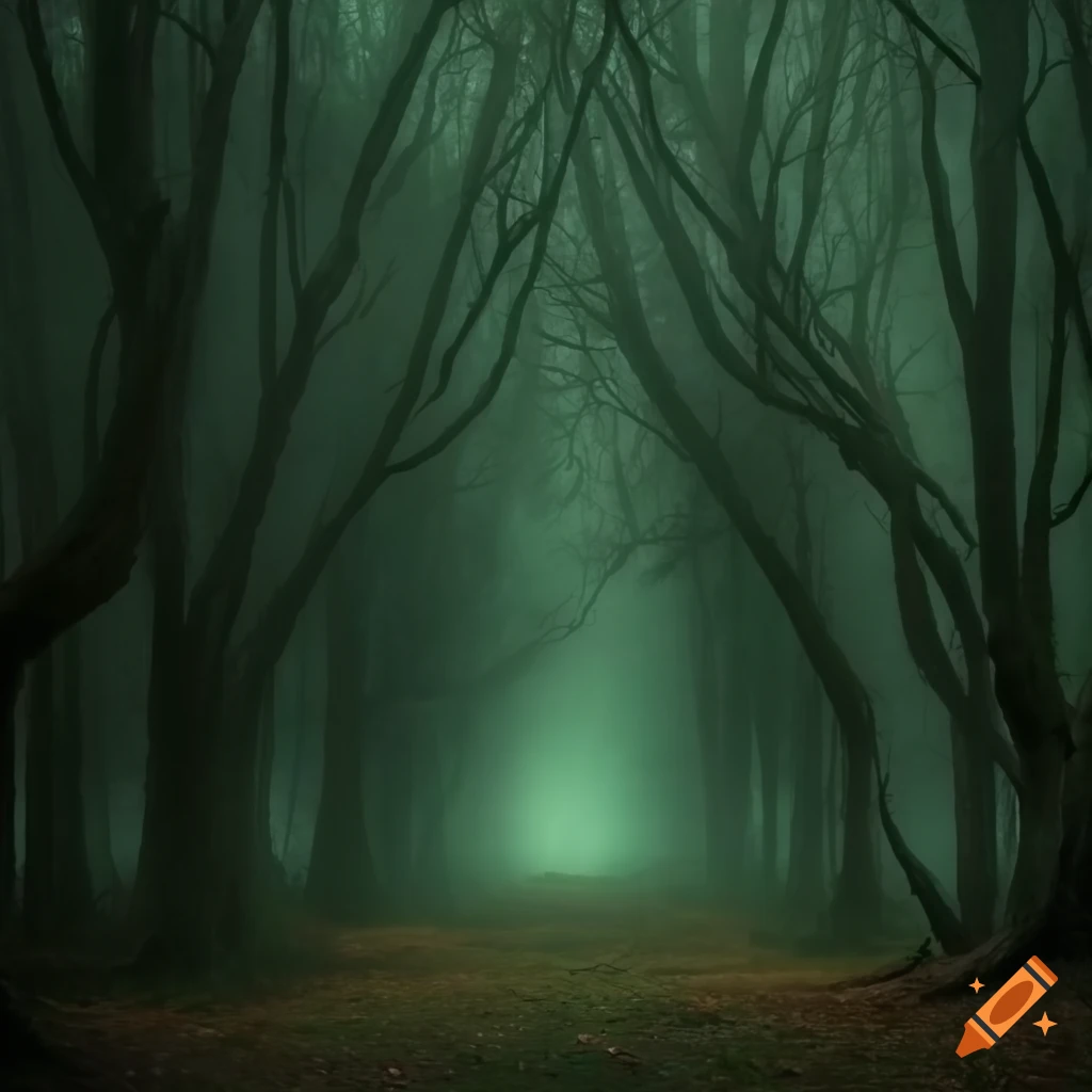 Dark woods with tall trees creating a scary atmosphere on Craiyon