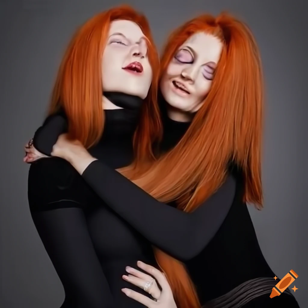 Two identical red-haired women in a conjoined black turtleneck hugging and sitting in lotus position