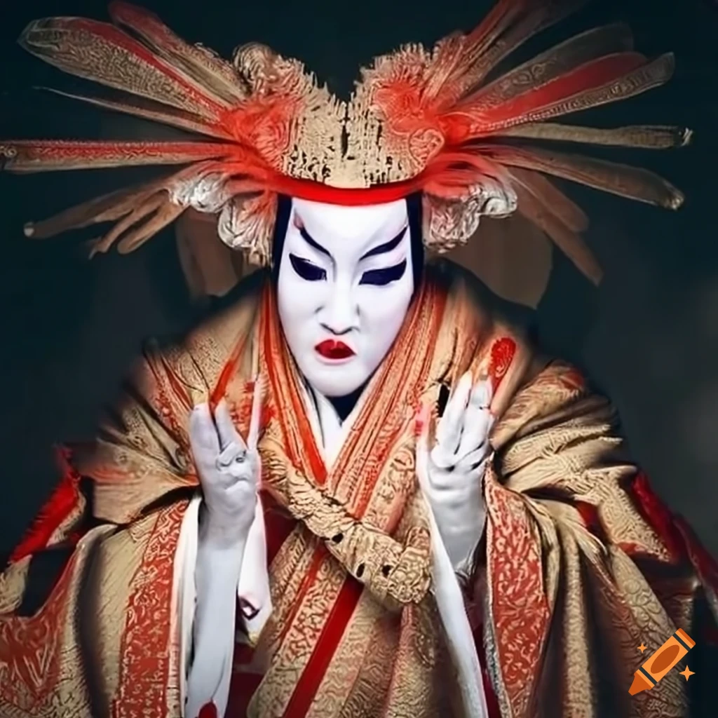 Kabuki performer with many heads and big hands on Craiyon