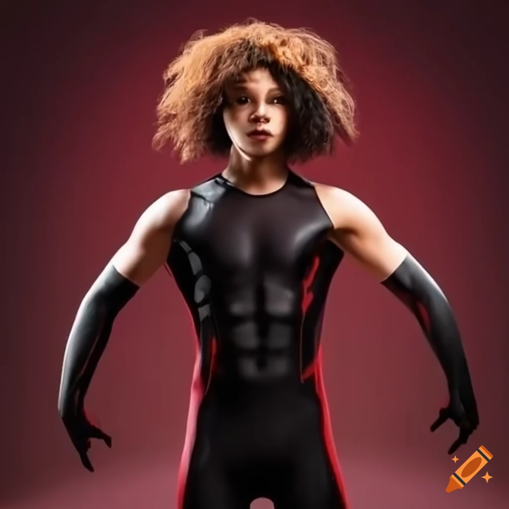 Young male warrior in red, black, and gold spandex suit training on Craiyon