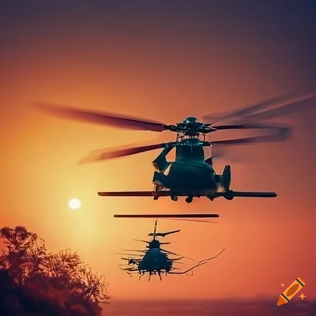 Intense sunset scene with helicopters flying over lush greenery