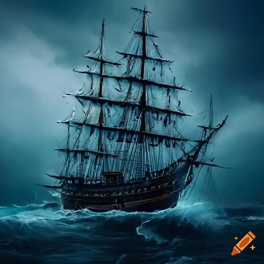 Old sailing ship in stormy mythical seas on Craiyon