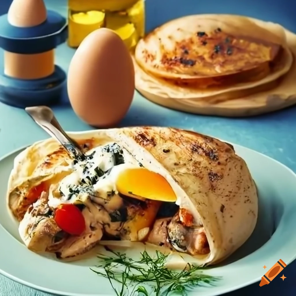 French description of buffalo chicken wrap with scrambled eggs, grilled
