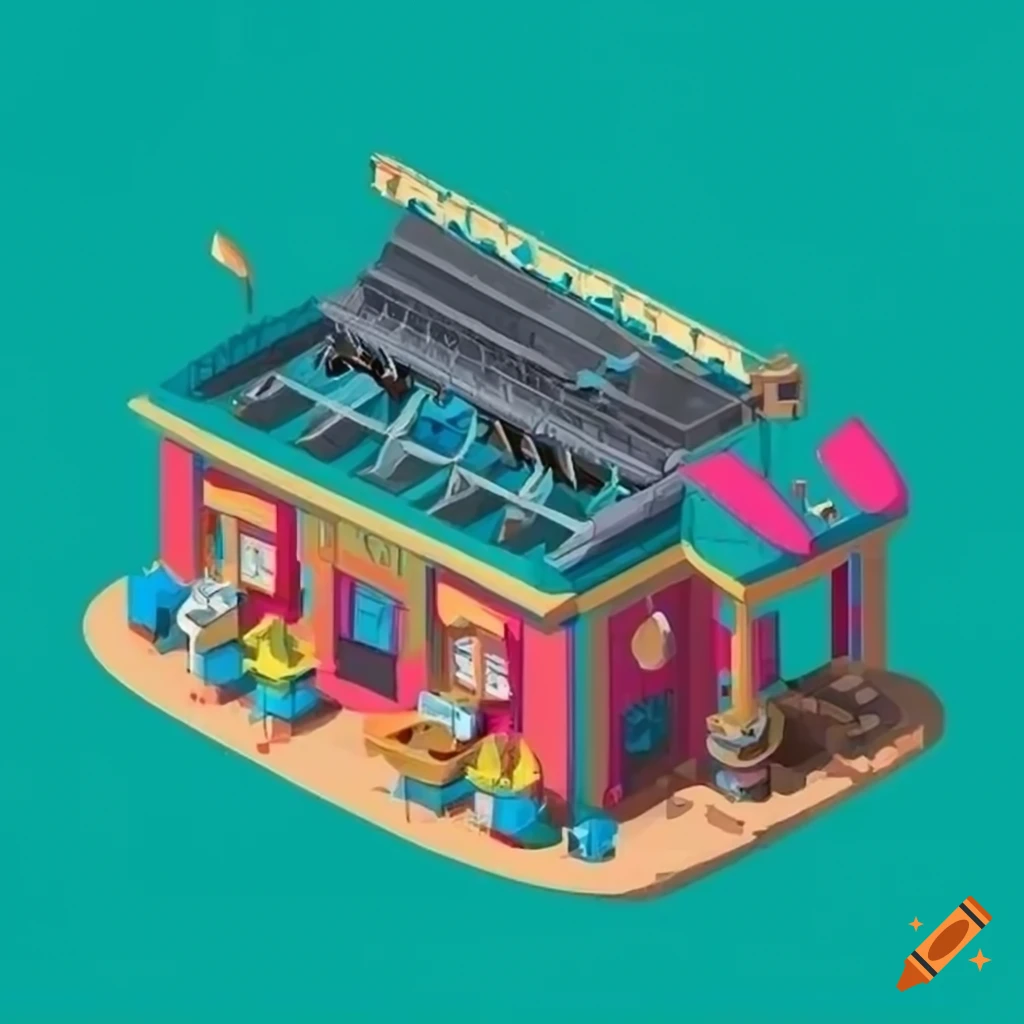 Isometric town building of fishing gear store in vibrant colors