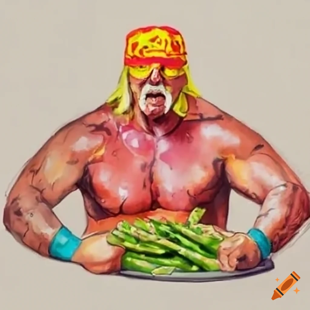 Heavyweight wrestler Hulk Hogan grilling asparagus and steak outdoors