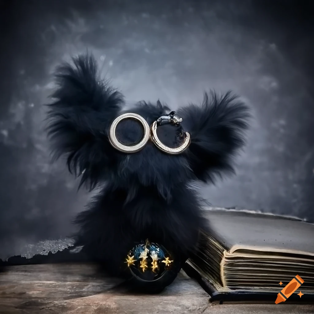 Adorable black fluffy creature emerging from a magical book in a gothic setting