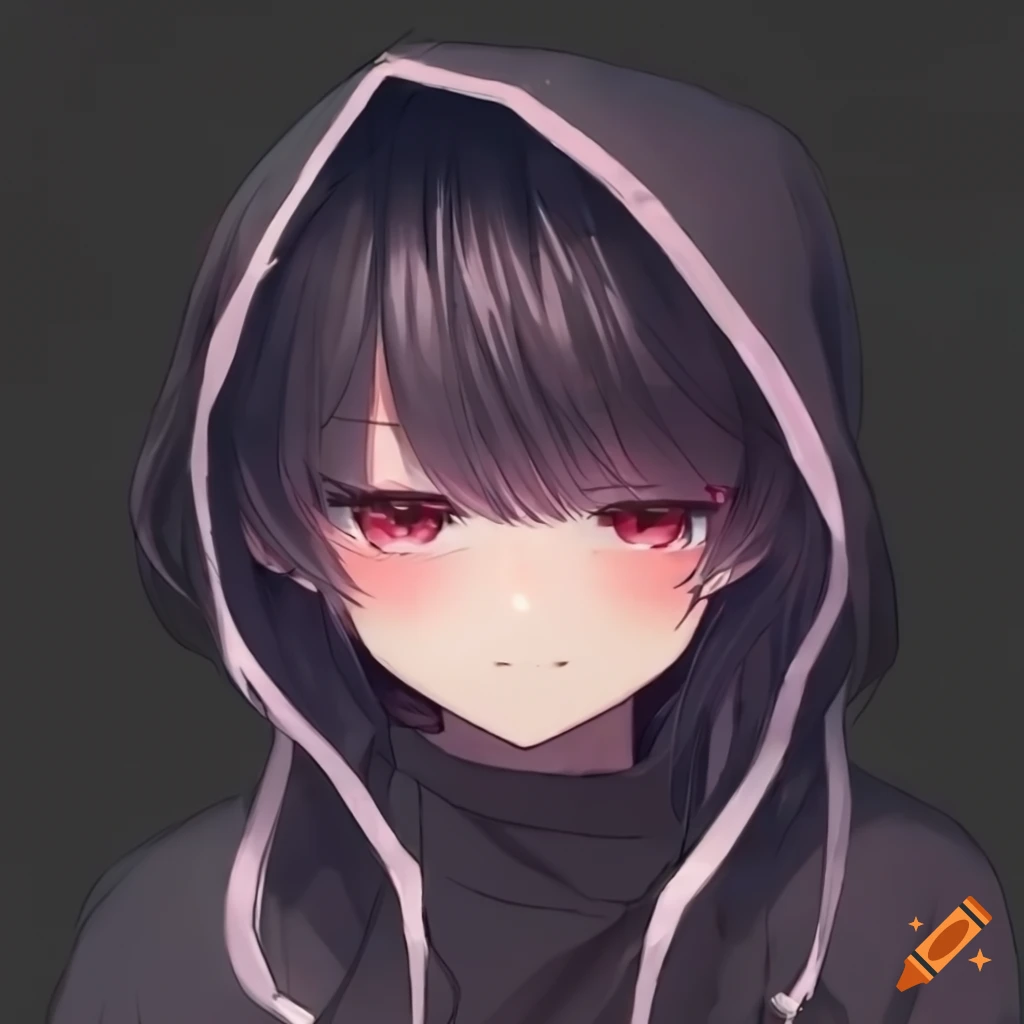 Girl with black hair in a black hoodie in anime style with glowing eyes ...