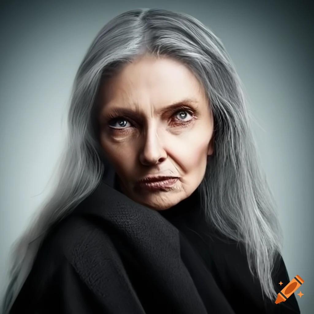 Portrait Of A 30 Year Old Woman With Long Gray Hair In A Black Robe On