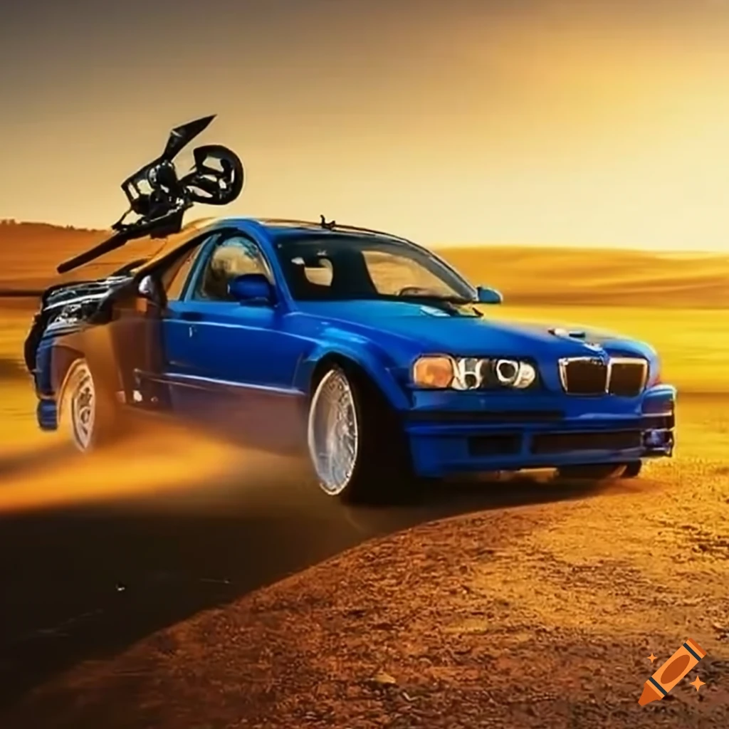 Blue bmw e46 drift car with kawasaki h2r bike and toyota landcruiser ...