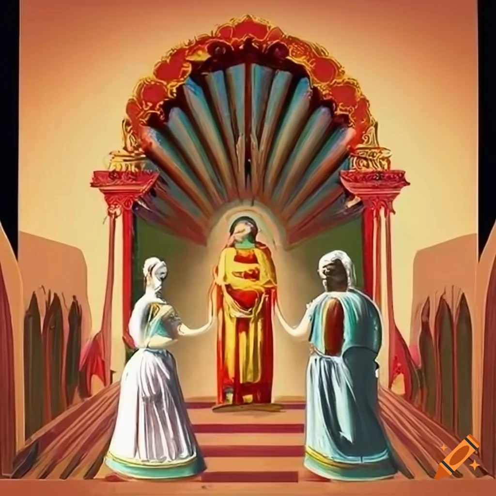 Biblical figures engaged in a reverent ceremony with an adorned altar