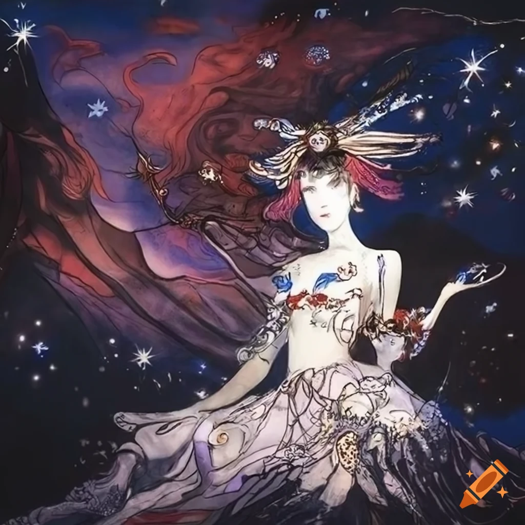 Artwork of woman constellations in the style of Yoshitaka Amano on Craiyon