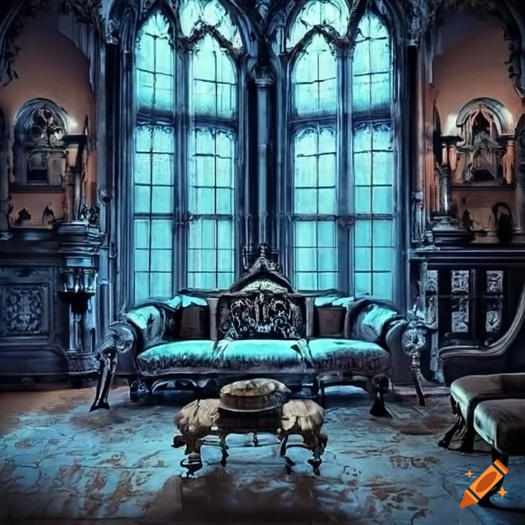 Gothic manor living room with blue light coming through windows on Craiyon