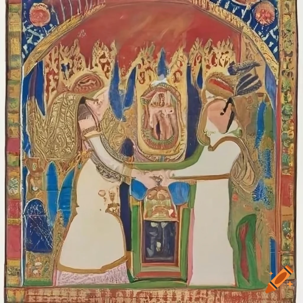 Biblical figures engaged in a reverent ceremony with an adorned altar