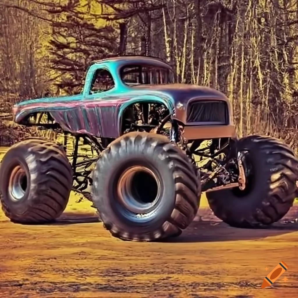 Customized monster truck in a fiery hot rod style on Craiyon