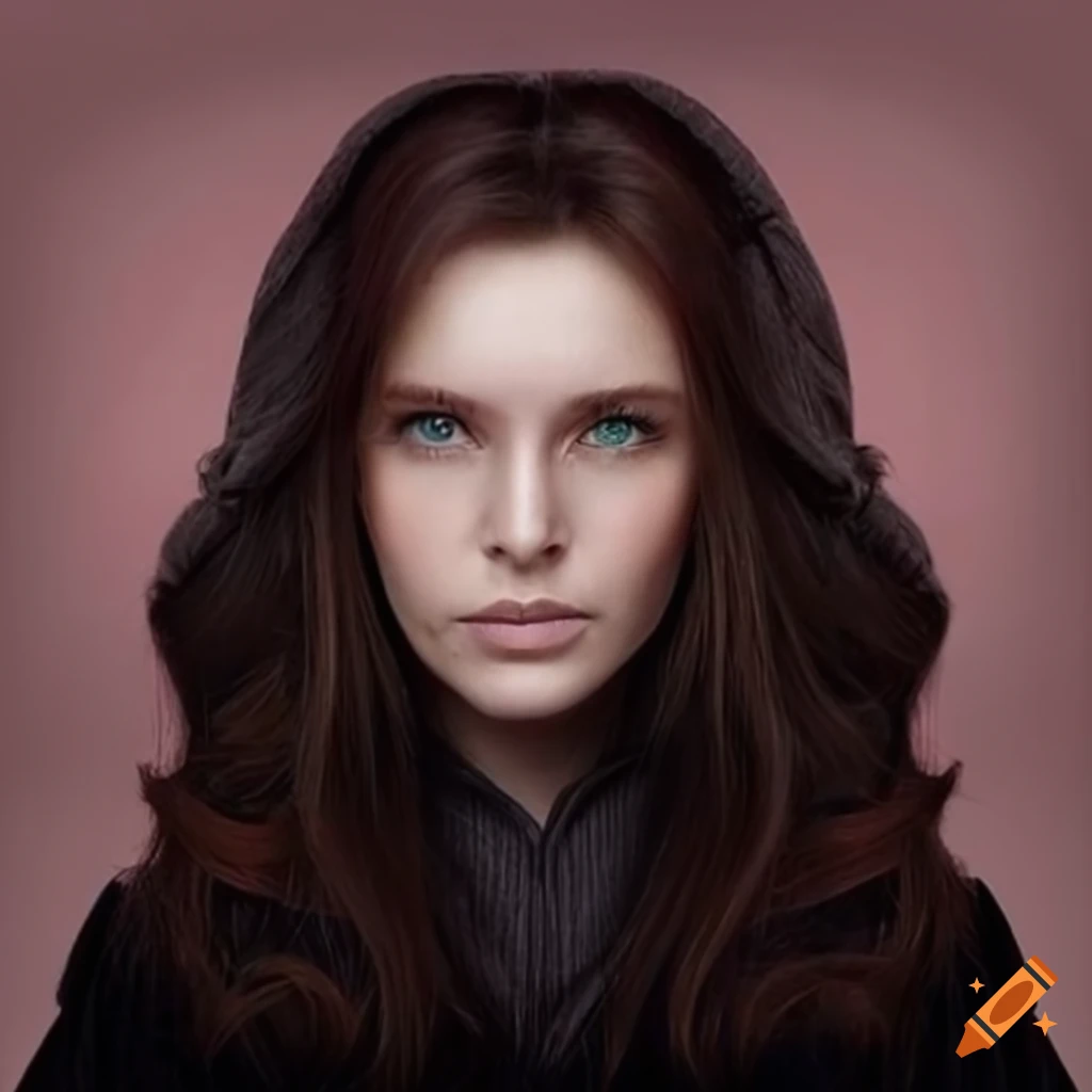 Portrait of a woman with long brown hair wearing a black robe on Craiyon