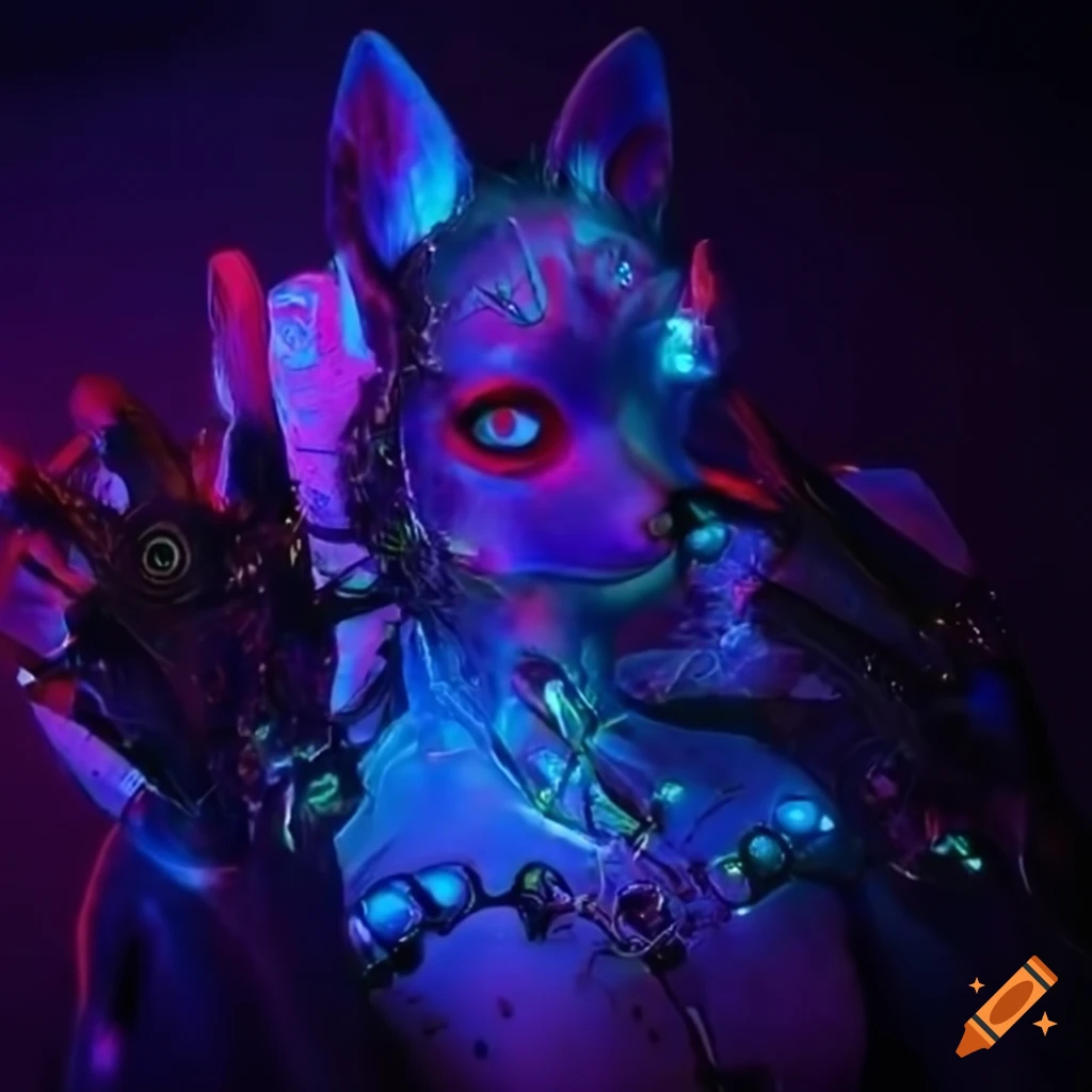 Biopunk cyborg fox goddesses in neon-lit laboratory with biopunk cyborg ...