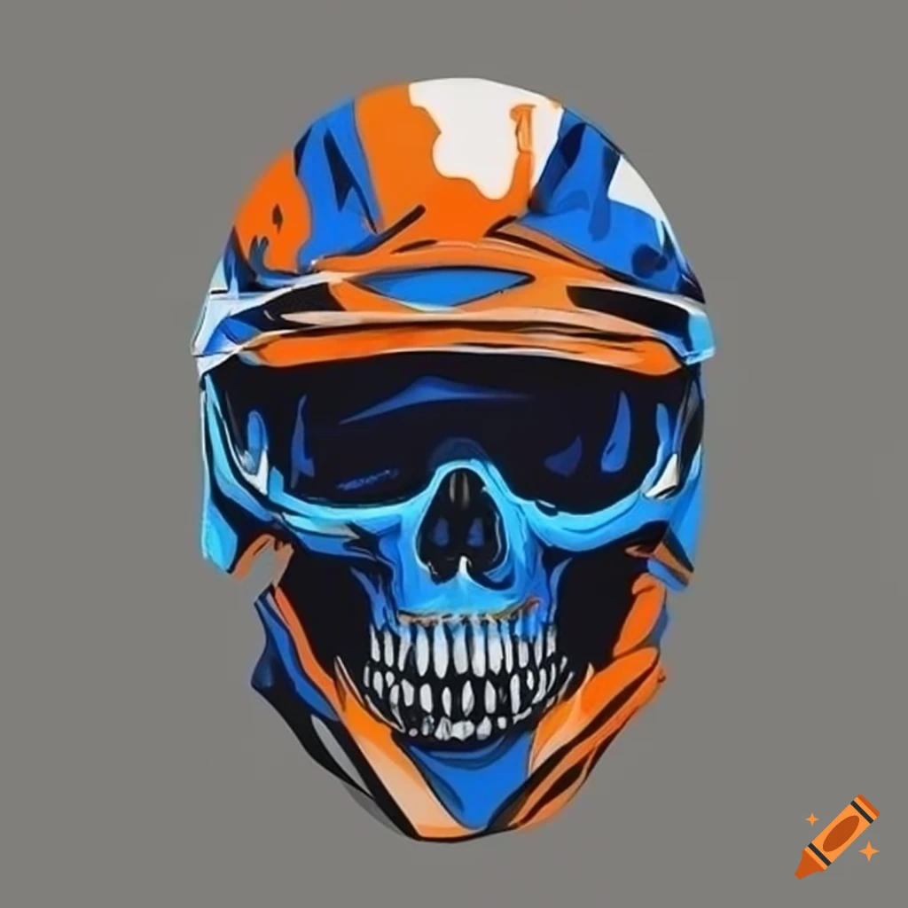 Blue and orange motocross helmet with skull design