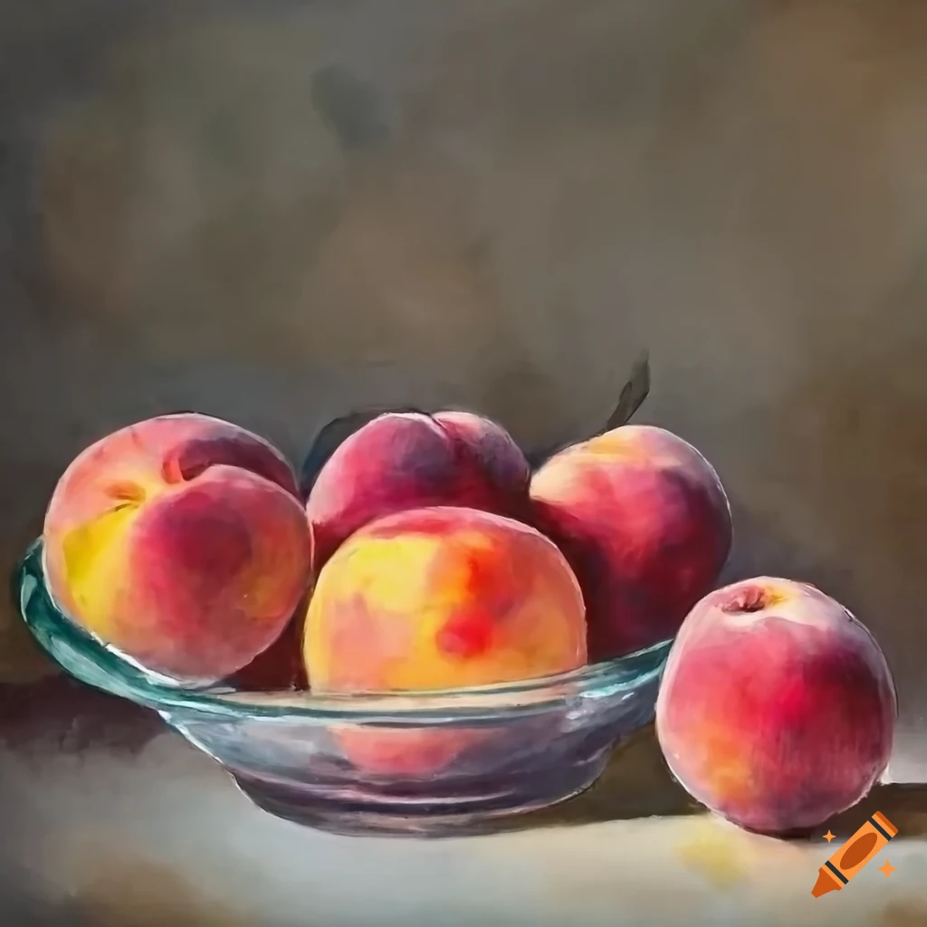 Still life with peaches in glass bowl on light background