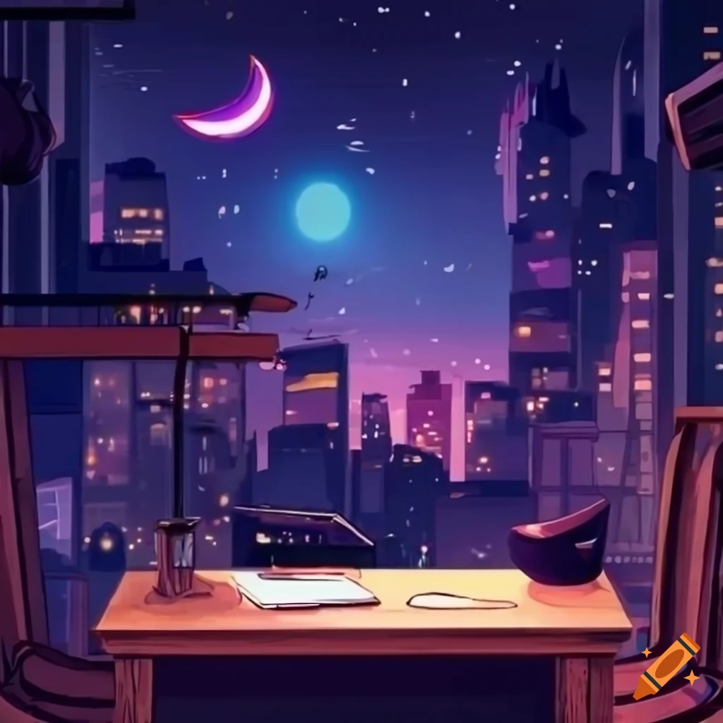 Desk overlooking magical city skyline at night in anime lofi radio interview studio