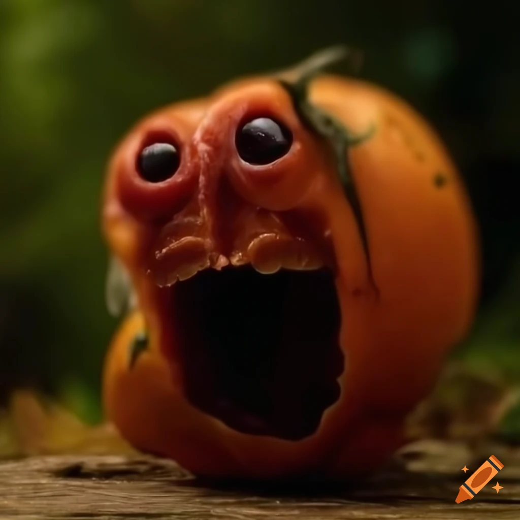 Close-up portrait of Rotten Tomato Fruit Monster on wooden table