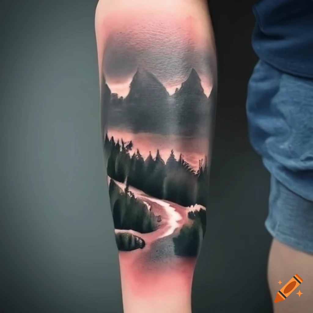 Tyler ATD Tattoos on Tumblr: 360 winter cabin, river and mountain scene  tattoo on the forearm. TylerATD, Whistler, Canada