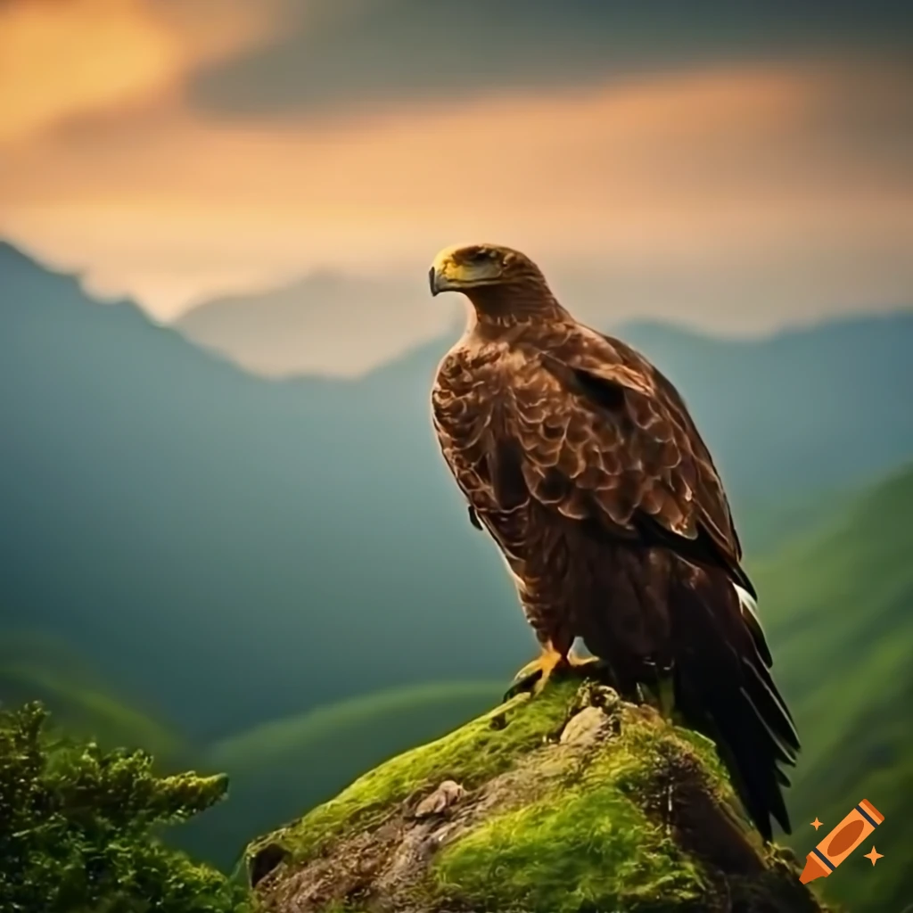 Picturesque nature scene with stunning peaks, greenery, and a soaring eagle