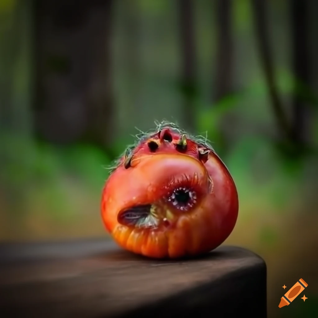 Close-up portrait of Rotten Tomato Fruit Monster on wooden table