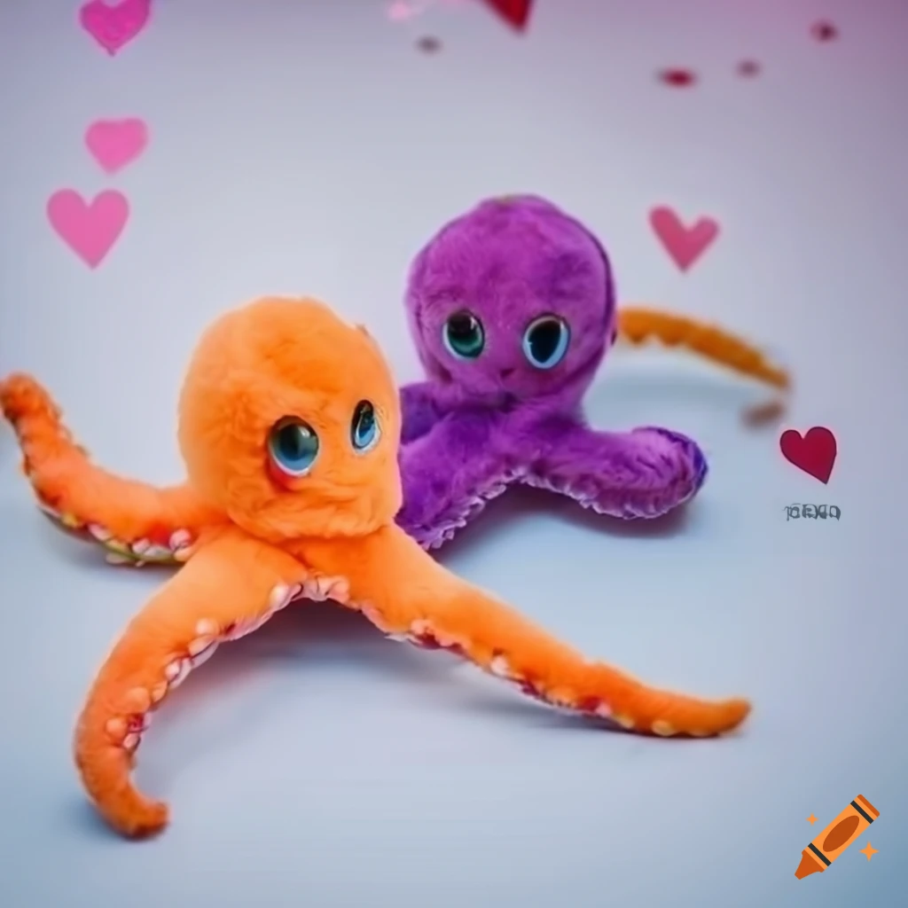 Cute purple and orange octopus stuffed animal with heart eyes on white background