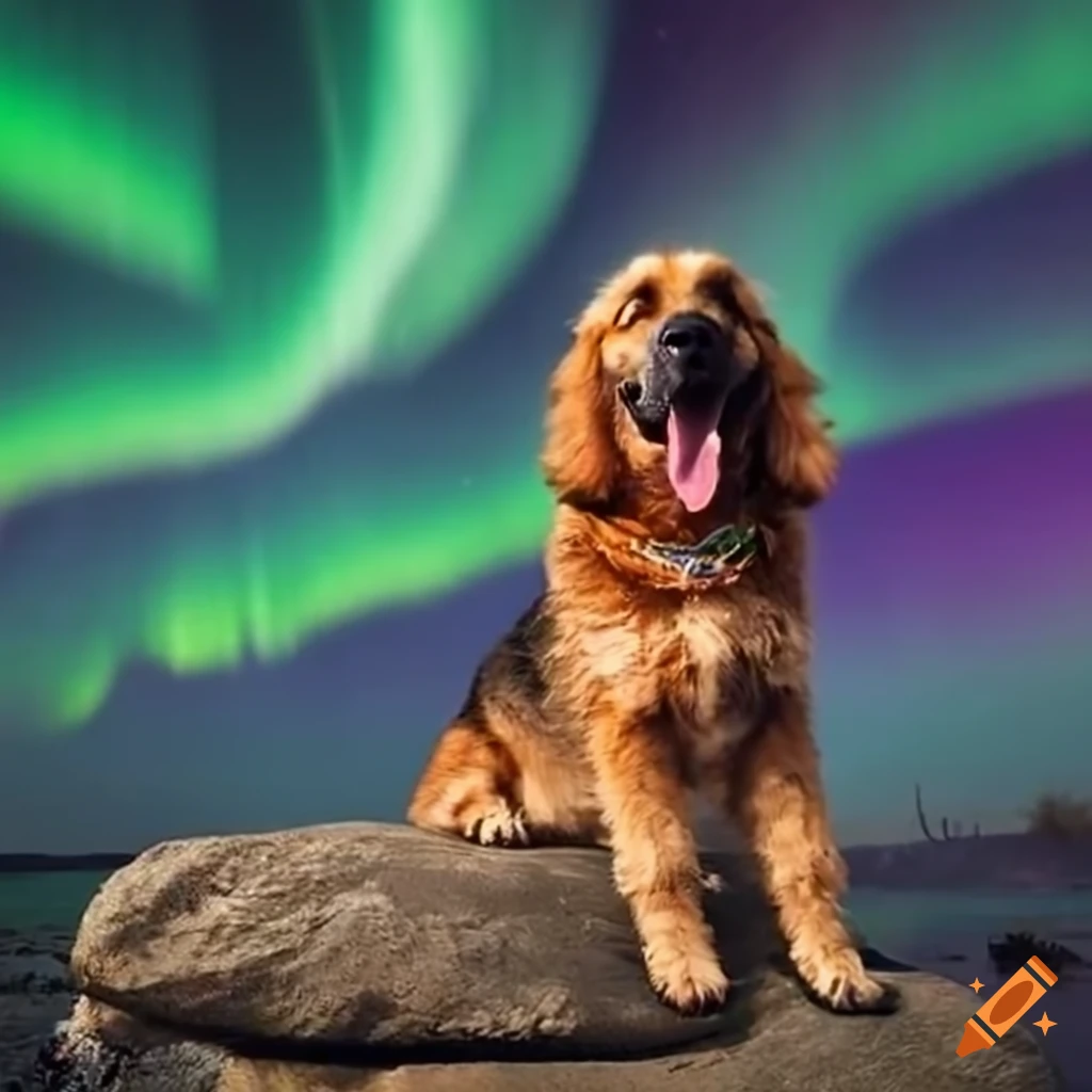 Pack of dogs standing on a rock with the northern lights in the background