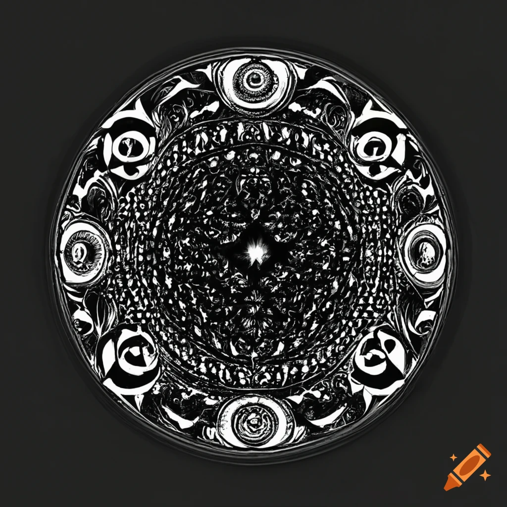 Geometrical black and white circle pattern with zodiac symbols for Pisces, Libra, and Capricorn