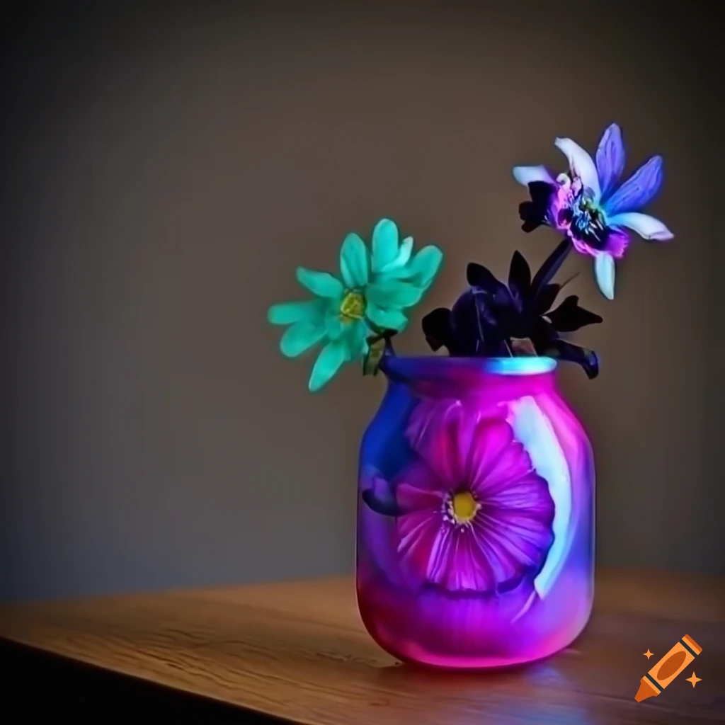 Vibrant black flowers in colored glass jar on black wood table