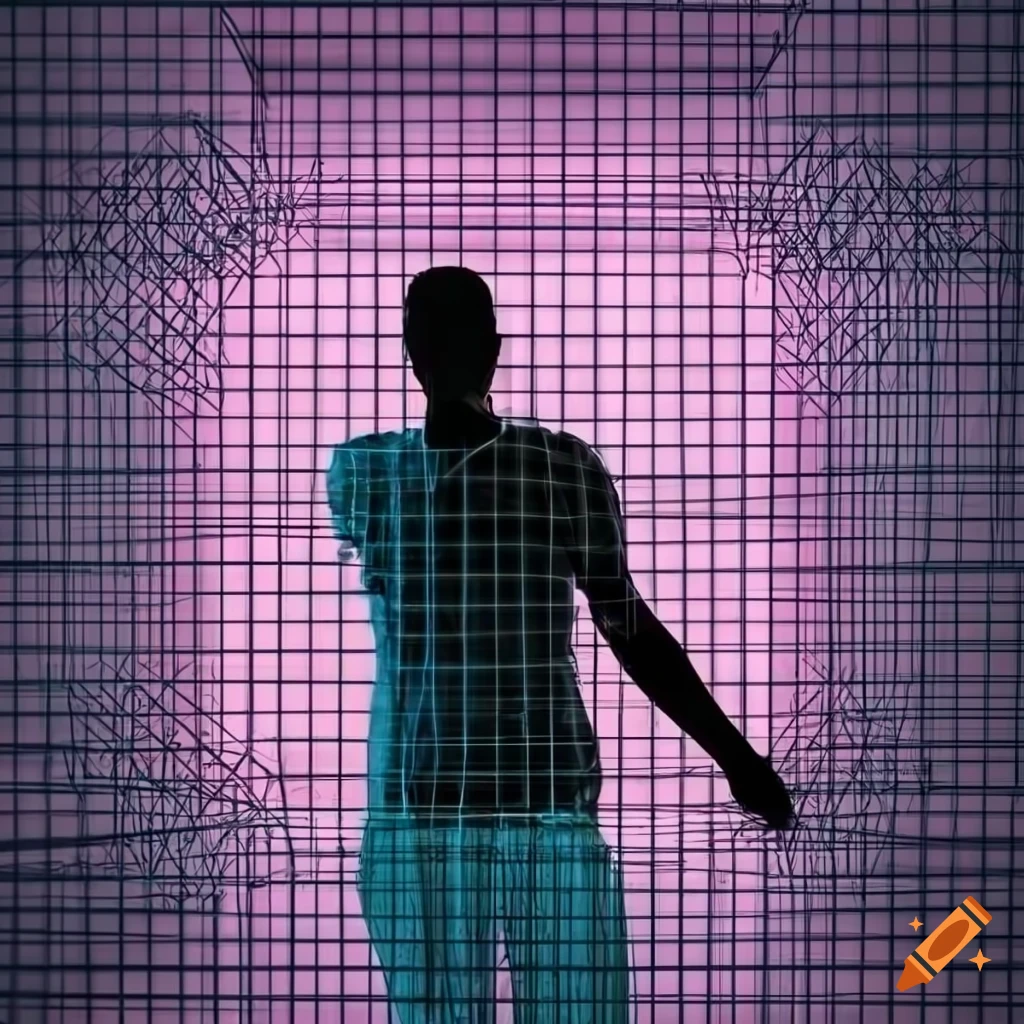 Silhouette of a person in front of 3d neon grid with wire-framed lines ...
