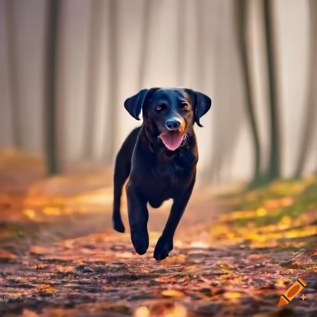 Black Labrador Running Through The Autumn Forest At Sunset On Craiyon