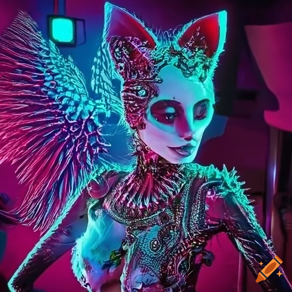 Biopunk cyborg fox goddesses in neon-lit laboratory with biopunk cyborg ...