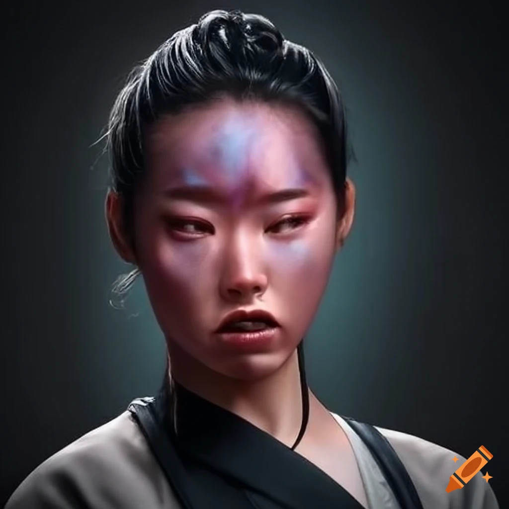 Asian female martial artist with a bruised and dizzy expression