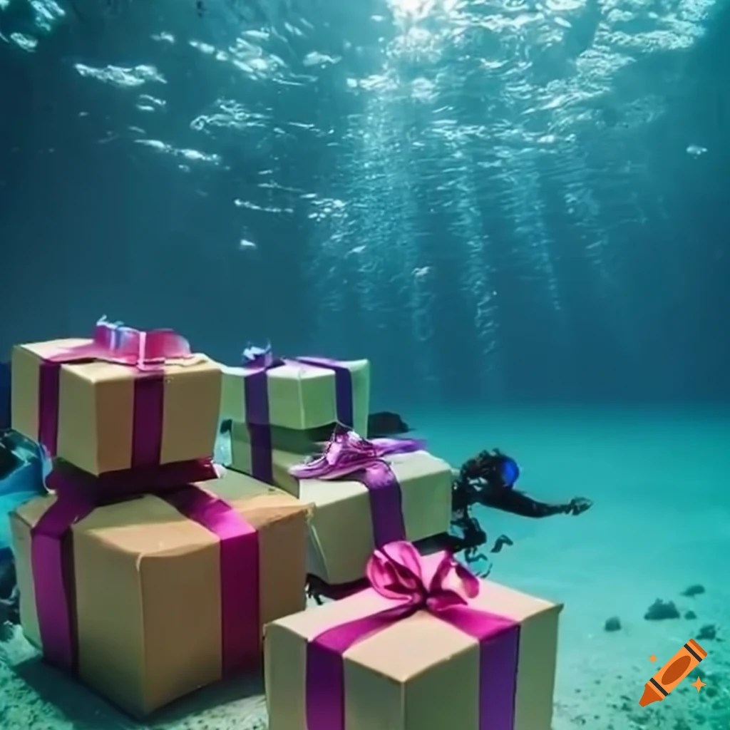 Underwater scene with gift boxes and scuba divers