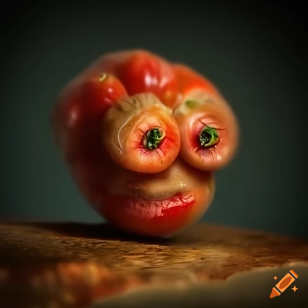 Close-up portrait of the Rotten Tomato Fruit Monster on a wooden table