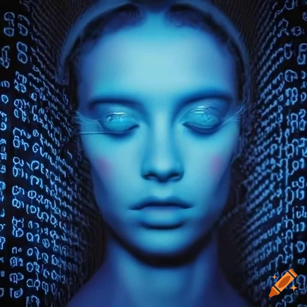 Blue binary code forming a head on Craiyon