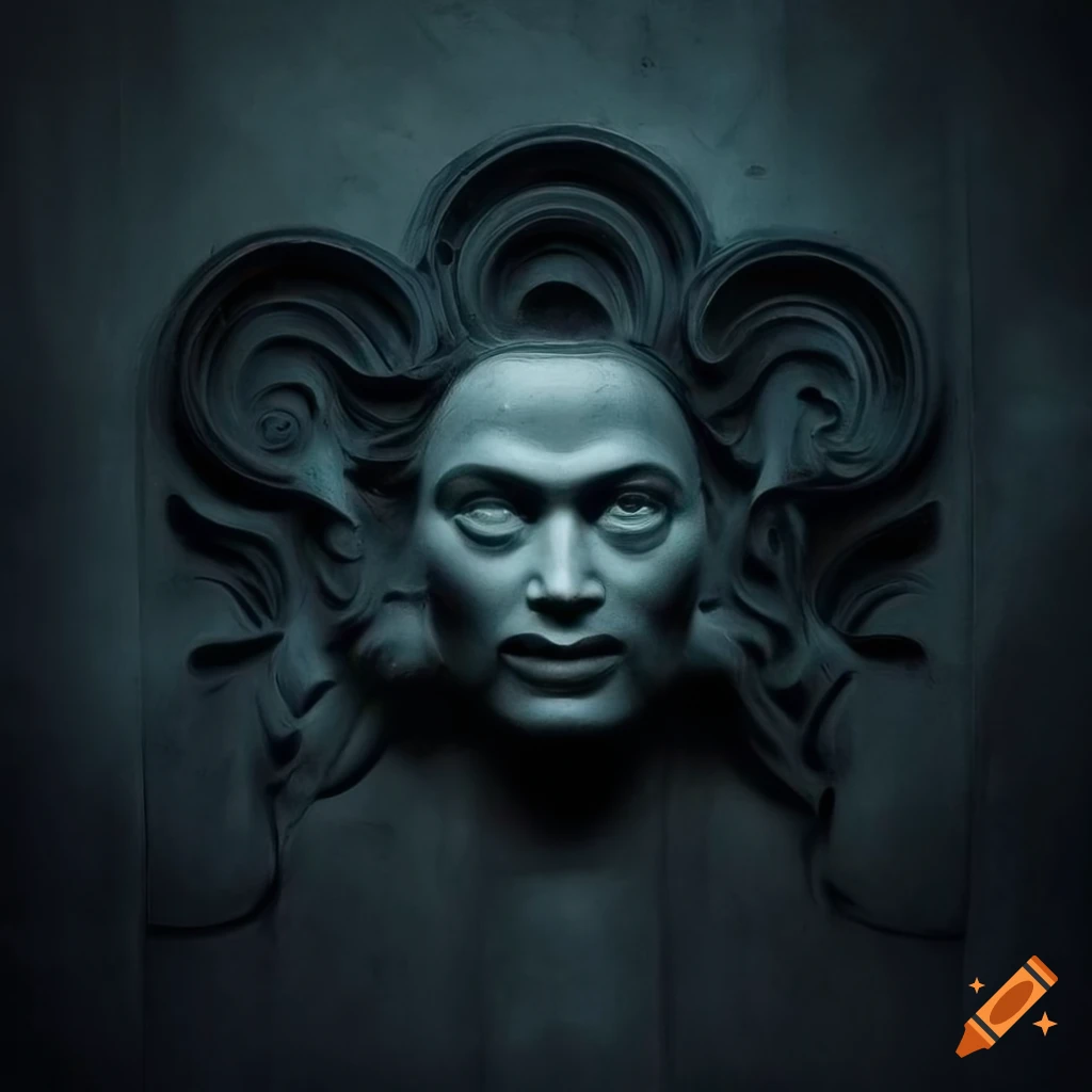 Surreal relief carving of a face with smoke and darkness in the background