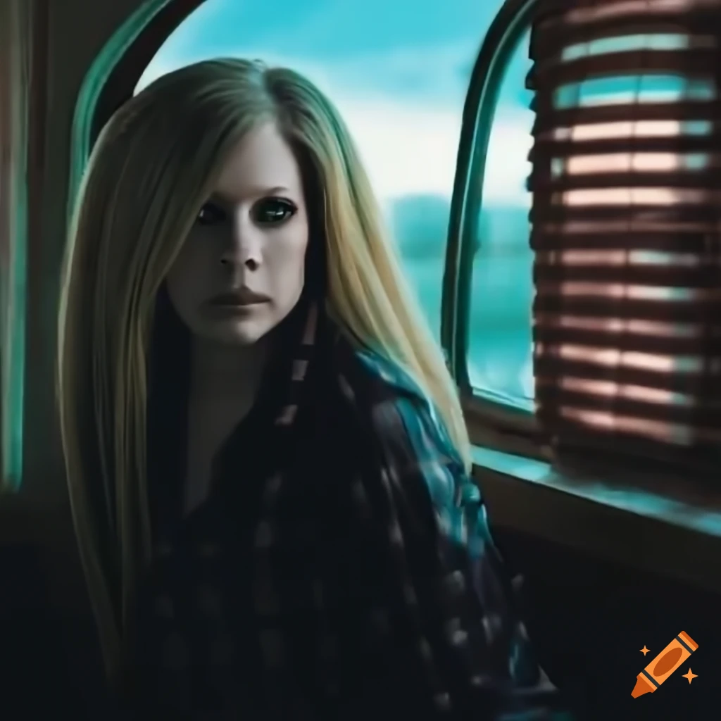 Avril Lavigne lookalike in country plaid shirt and high-waist leather trousers sitting in a caravan trailer