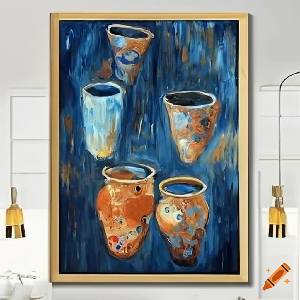 Dreamy and summery oil painting of bright ancient pots in warm rich colors