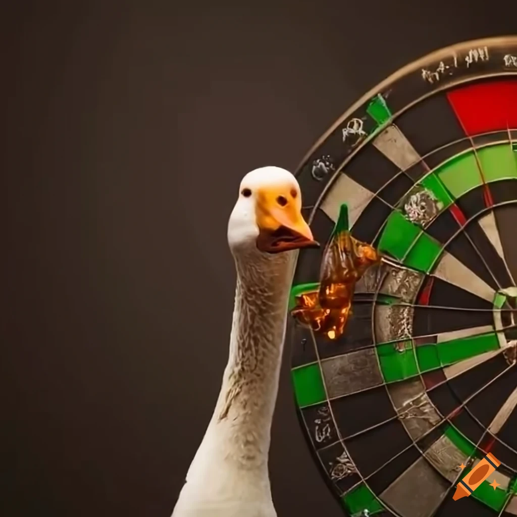 Goose playing darts in an English pub