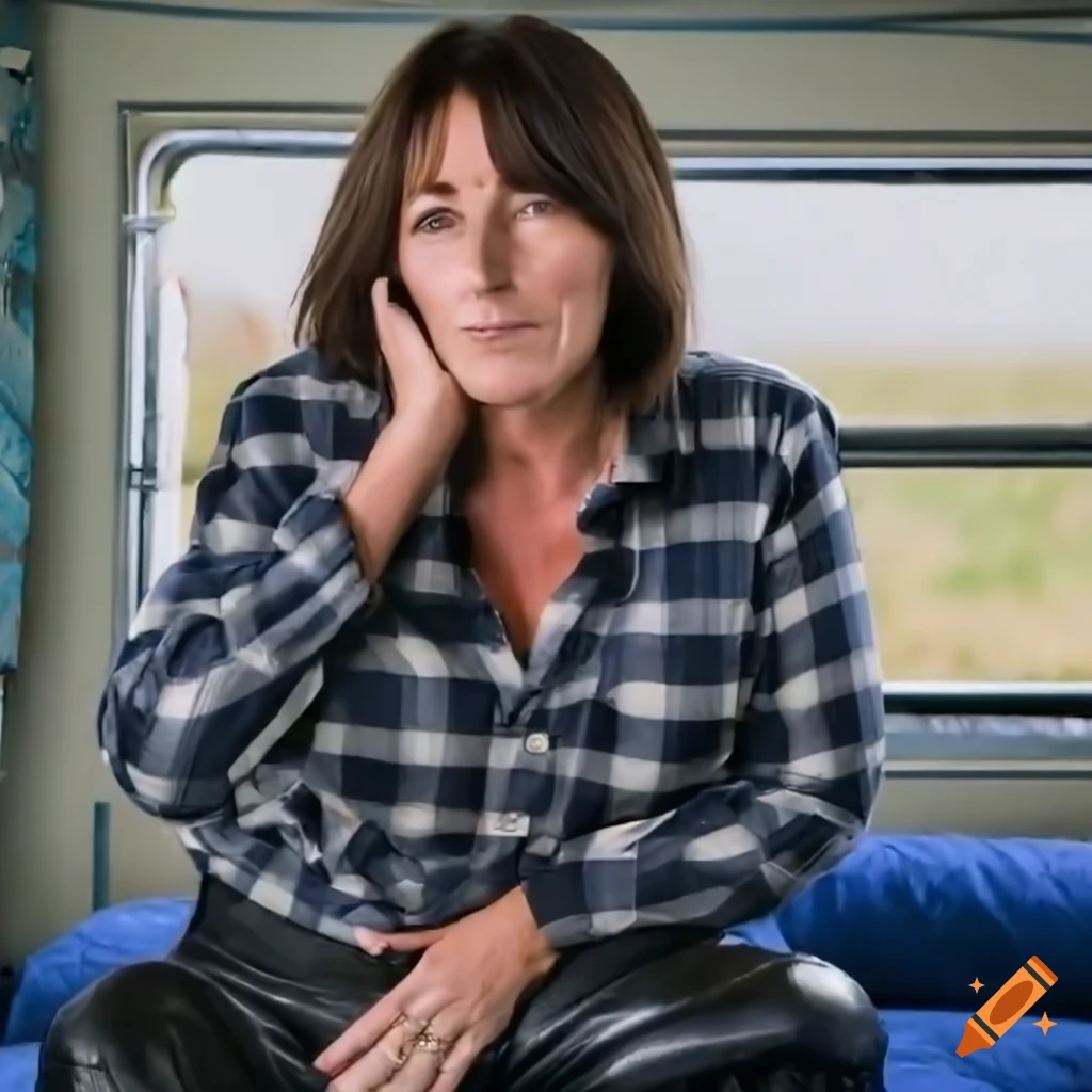 Young woman in plaid shirt and black leather trousers sitting in a caravan trailer on Craiyon