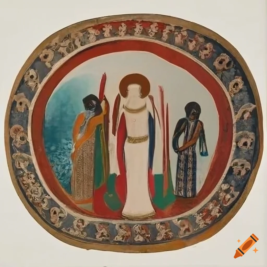 Biblical figures engaging in a reverent ceremony at an adorned altar