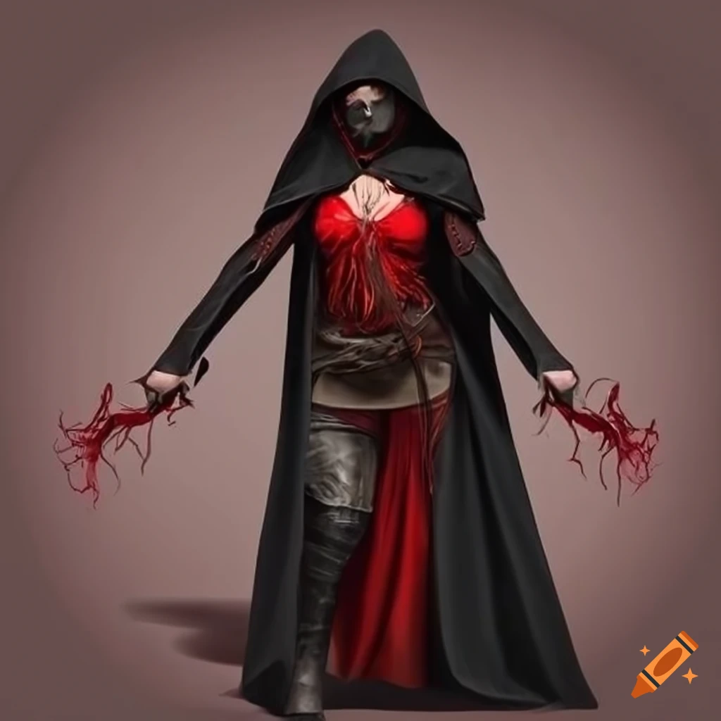 Medieval fantasy female rogue in black cloak with red trim and mask