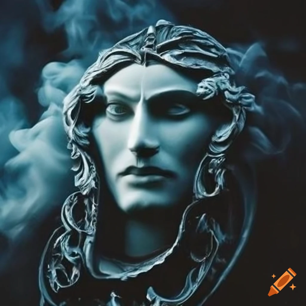 Surreal relief carving of a face with smoke and darkness in the background